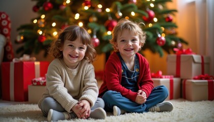 Two smiling children sitting in front of a decorated Christmas tree surrounded by wrapped gifts. Christmas celebration and holiday family concept.Design for poster, banner, greeting card, invitation.