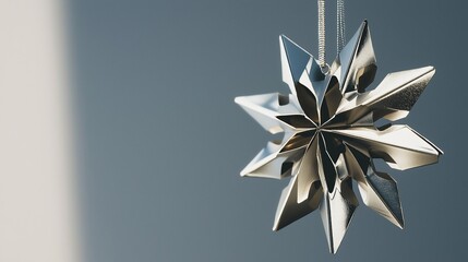 Beautiful silver christmas star ornament hangs gracefully against a serene blue background, illuminated by a gentle ray of light