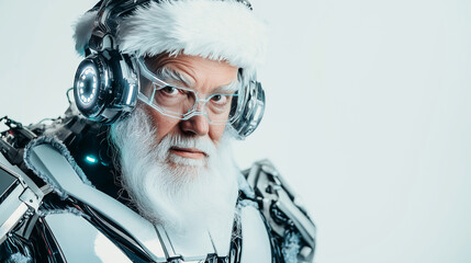 Elderly man with a white beard is wearing a santa hat and a futuristic exoskeleton while listening to music on headphones. The image evokes a futuristic christmas concept