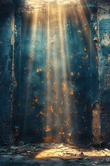 Sunbeams shine through a hole in the roof of a derelict building, illuminating a blue wall