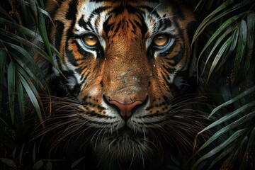 A tiger's face with intense eyes, peeking from behind lush green leaves