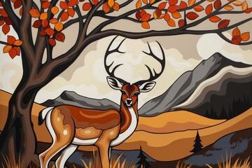 Wall Mural -  A deer before an orangely leafed tree, stands grounded Behind, a mountain emerges