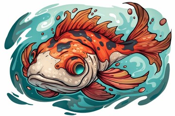 Sticker -  A goldfish swims in the water with bubbles forming on its back, as its head breaks the water's surface