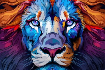 Wall Mural -  A tight shot of a lion's face, painted with blue, orange, and red hues