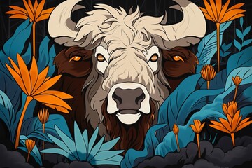 Poster -  A bull with extended horns grazes in a field of blue and orange blooms, adorned with leafy sides