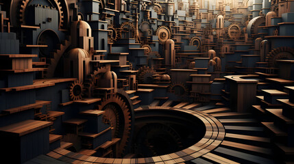 Wall Mural - Abstract wooden structure with gears and a central abyss.