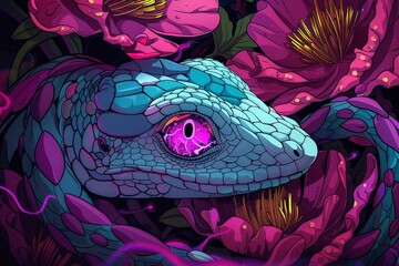 Sticker -  A tight shot of a lizard's eye with pink and purple flowers surrounding it in a digitally painted composition