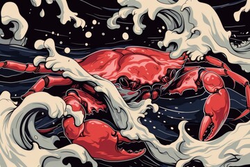 Poster -  A painting of a red crab in the ocean amidst foamy waves