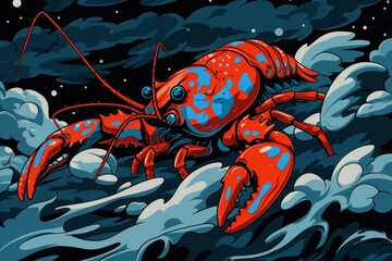 Wall Mural -  A red and blue crab float atop tranquil water, beneath a night sky adorned with twinkling stars and billowing clouds