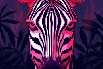 Wall Mural -  A tight shot of a zebra's face against a backdrop of purple and pink plantlife and leaves