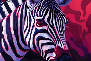 Wall Mural -  A zebra's face in tight focus against a red backdrop, with a nearer black-and-white zebra in the foreground