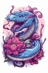 Sticker -  A blue snake adorned with pink flowers atop its head and a solitary pink bloom in the image's core