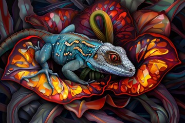 Wall Mural - Foreground - red-yellow petaled flower, Chameleon Background - blue chameleon