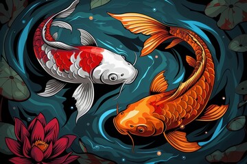 Sticker -  Two koi fish swim against a backdrop of a serene pond, filled with water lilies and lily pads, on a black background