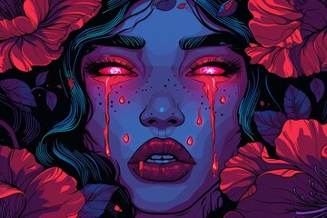 Sticker -  A tight shot of a woman's tear-stained face, eyes weeping blood, petals scattered before her