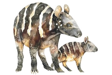 Sticker - Watercolor Illustration of a Mother and Baby Tapir.