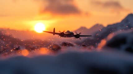 Canvas Print -  A small airplane flies against a backdrop of a snow-covered mountain range as the sun sets in the distance