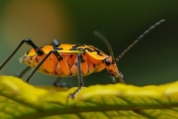 Wall Mural -  A crisp close-up of a bug on a leaf against a softly blurred backdrop of green and yellow hues