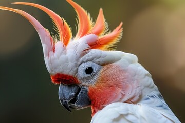 Wall Mural -  A tight shot of a parrot displaying vivid red, white, and yellow feathers adorning its head and neck