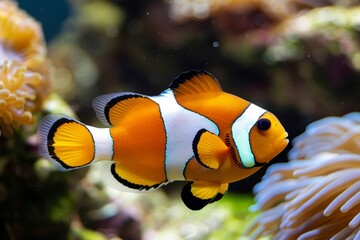 Wall Mural -  An orange-and-white clownfish swims among aquarium waters, proximity to an orange-and-white sea anemone in the foreground