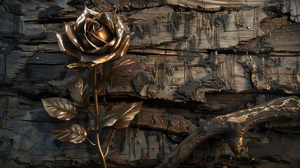 A stunning bronze rose sprouting from a rough wood wall, with metallic sheen and a natural ambiance