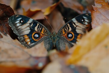 Wall Mural - Butterfly with Orange and Blue Eyespots on Autumn Leaves