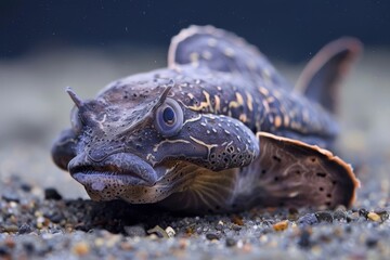 Wall Mural -  A tight shot of a turtle on the ground, its head tilted to the side, and eyes wide with alertness