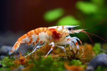 Wall Mural -  A tight shot of an orange-white shrimp atop green-brown algae in a fish aquarium