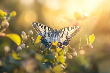 Wall Mural - A Swallowtail Butterfly Resting on a Plant in Golden Sunlight