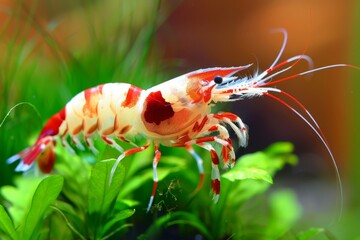 Wall Mural -  A red and white shrimp up-close, nestled among green leafed plants Background softly blurred