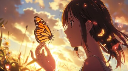 Anime girl smiles as a butterfly lands on her hand in a field of flowers.