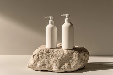 two white bottle with pump mockup on stone, advertisement