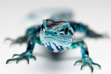 Wall Mural -  A frog, colored blue-black, sits atop a white table Nearby, a clock with faces in black and white rests