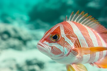 Wall Mural -  A tight shot of a red-and-white fish swimming against clear water background, dotted with submerged rocks