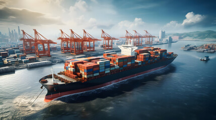 Canvas Print - Cargo ship leaving port with containers, cranes in background.