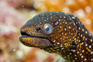 Wall Mural -  A tight shot of a fish displaying numerous dot-like markings on its face against a hazy backdrop