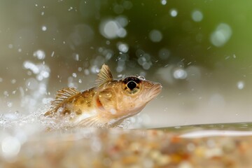 Wall Mural -  A tight shot of a tiny fish in a water body, adorned with droplets on its surface