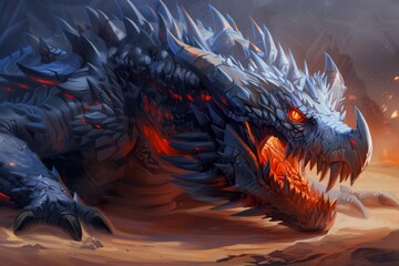  A tight shot of a dragon-like being with fiery red eyes and an expansive blaze of fire emanating from its maw