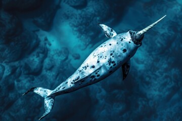 Wall Mural -  A painting of a narwhal swimming in the ocean with its long tapered tooth protruding from its upper lip