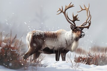 Wall Mural -  A digital rendering of a deer in the snow, adorned with antlers atop its head and held within its jaws