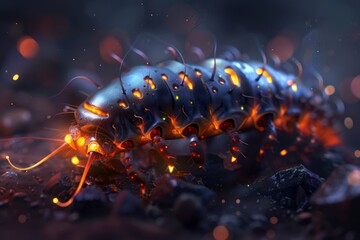 Wall Mural -  A tight shot of a caterpillar atop a rock, its rear end emitting flames