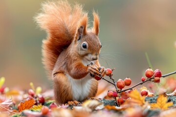 Sticker -  A tight shot of a squirrel perched on a branch, holding berries in its mouth against a softly blurred backdrop