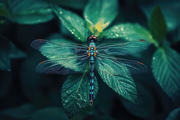 Wall Mural - A Vibrant Dragonfly Resting on a Dew-Kissed Leaf