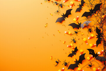 Wall Mural - Candy Corn and Bats on an Orange Background, copy space