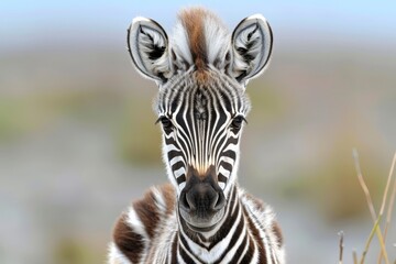 Wall Mural -  A tight shot of a zebra's face, surrounded by a hazy grass and bush backdrop