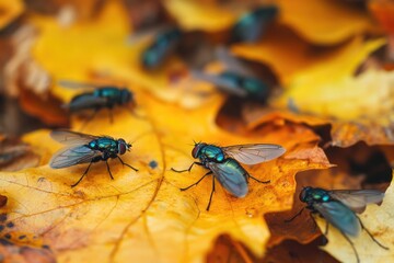 Wall Mural - Bluebottle Flies on Autumn Leaves