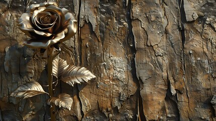 A stunning bronze rose sprouting from a rough wood wall, with metallic sheen and a natural ambiance