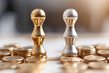 A golden and silver pawn contrasting against a backdrop of coins, symbolizing competition and investment in business strategy.