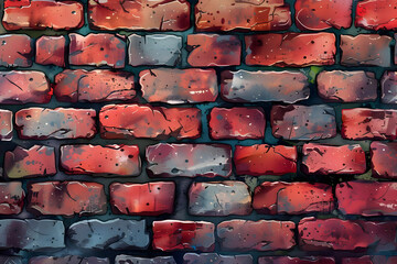 Canvas Print - Close-up of a weathered brick wall with red and grey bricks and faded paint.