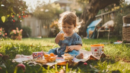 A young girl enjoys a snack during a picnic in the backyard.